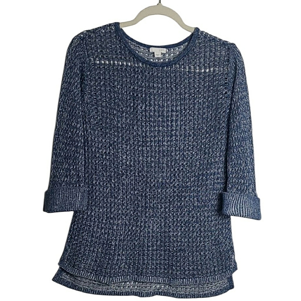 J. Jill Open-Knit Sweater Top Heathered Blue Linen Cotton Sustainable Hippy Boho